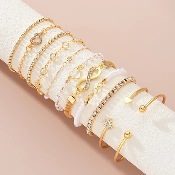 Boho-Perlen-Kristall-Herz-Unendlichkeitszeichen-Armband für Frauen, Vintage, elegante goldfarbene (11 Stück)