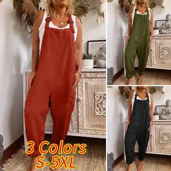 Frauen Baumwolle Leinen Tasche Overalls Sommer weibliche ärmellose weite Bein lose Overalls JYFS-3255