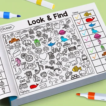 Interaktives verstecktes Objekt- und Malbuch für - Bildung mit Look & Find-Aktivitäten, Aufklebern und Seiten