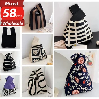 Frauen Knoten Handgelenk Tasche Handgemachte Gestrickte Tasche Tragbare Mini Gestreiften Tote Eimer Telefon