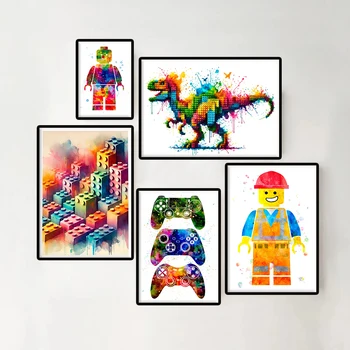 Aquarell-Bausteine-Poster Moderner Lego-Mann Minifigur Spielzeugblock Dinosaurier Leinwandgemälde Wandkunst