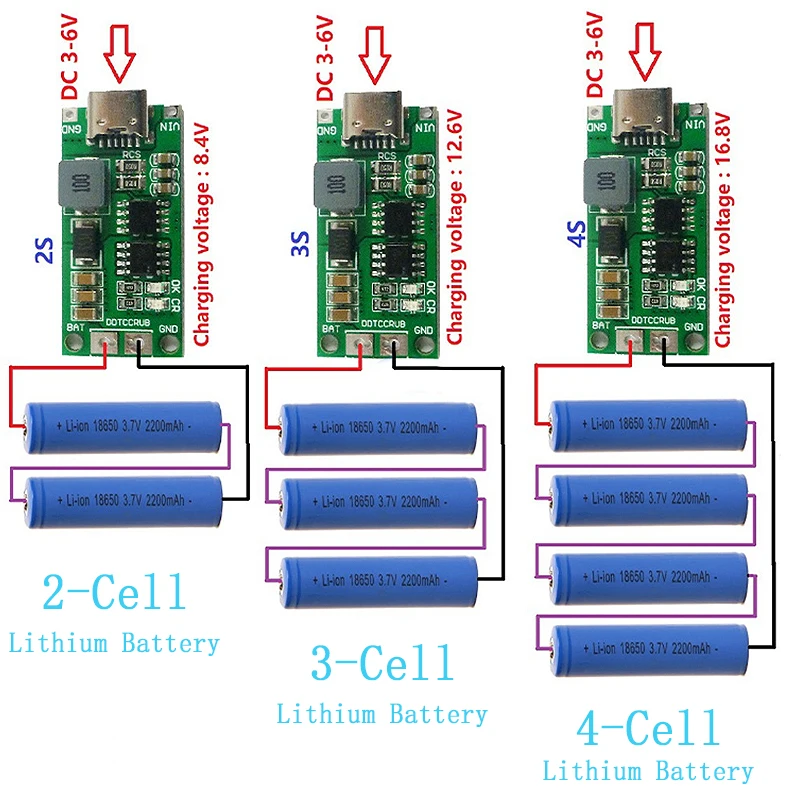 USB-C Step-up Ladeplatine für 2S/3S/4S Li-Ion, 8,4–16,8 V