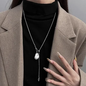 LATS Halskette aus Edelstahl, lang, mit Barockperlen, für Damen, verstellbare Kette, Pullover-Accessoires