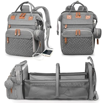 Großräumige Wasserdichte Wickeltasche Rucksack mit Wickelauflage, USB-Anschluss, Klappbarem Bett, Grau