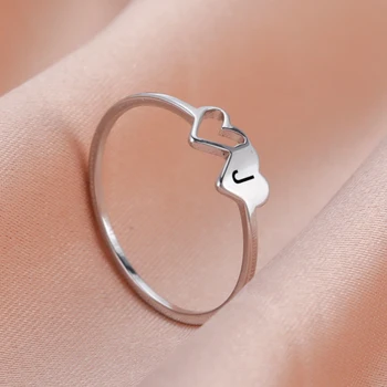 COOLTIME Ring mit Anfangsbuchstaben für Damen, Edelstahl, A-Z, Alphabet, Doppelherz-Ringe, schlicht, Hochzeit