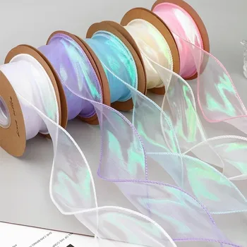 40 mm 10 Yards Fischschwanz-Organza-Satinband, reflektierendes schillerndes Band mit gewelltem Rand