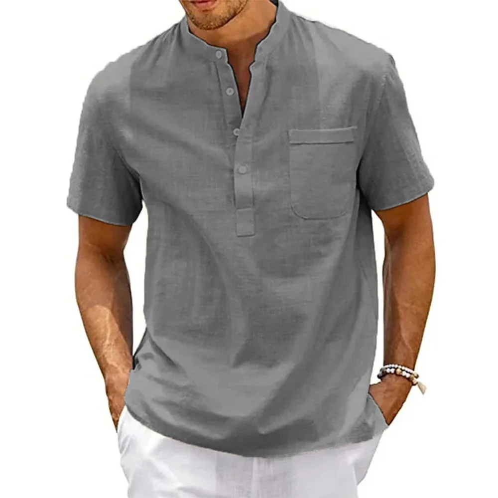 Baumwolle Leinen Hemd Männer Henley Neck Tasche Casual Strand – Bild 3