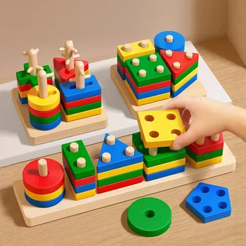 Montessori Spielzeug Holz Bausteine Frühen Lernen Pädagogisches Spielzeug Farbe Form Spiel Kinder Puzzle