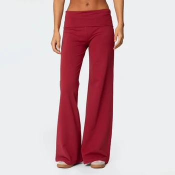 Lässige Jogginghose mit weitem Bein für Damen, umklappbar, niedrige Leibhöhe, ausgestellte Yoga-Lounge-Hose