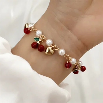 Süße süße rote Erdbeere Kirsche Herz Perle Charm Armband neue Mode Y2K Obst Gold Farbe Kette Schmuck Party