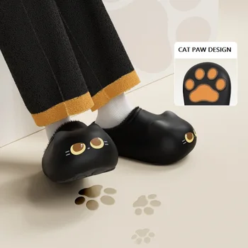 Kawaii Hausschuhe mit schwarzen Katzenpfoten, flauschige Hausschuhe für Damen, warme, wasserdichte Mules