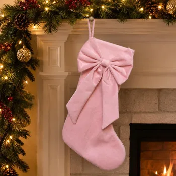 Rosa Samt-Weihnachtsstrümpfe mit großer Schleife zum Aufhängen am Kamin, für Weihnachten, Feiertage, Zuhause