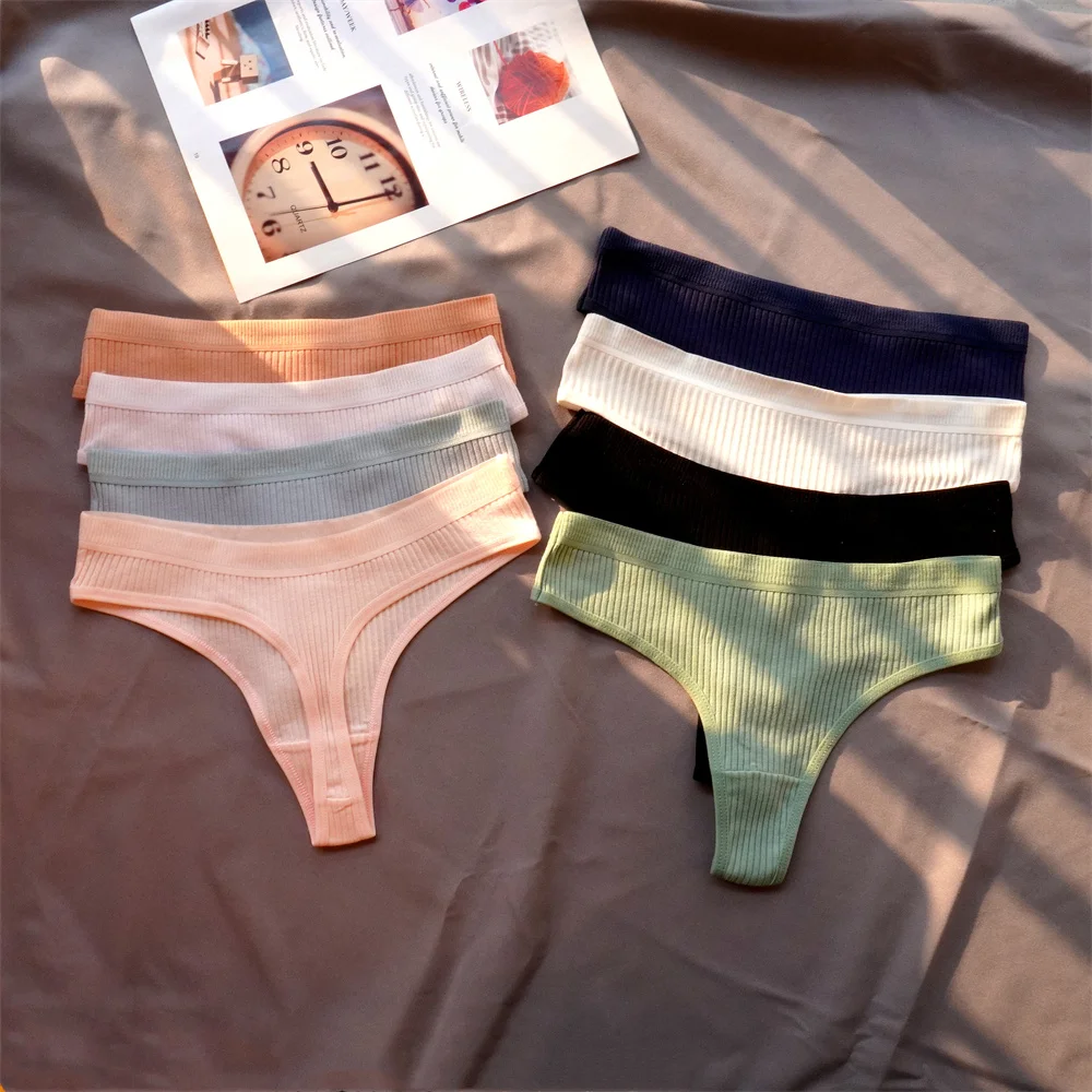 3-teiliger nahtloser Damen-Tanga aus gerippter Baumwolle – Bild 2