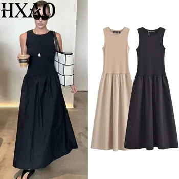 HXAO Damen Schwarze Lange Kleider 2025, Frühling, ärmellos, elegante Kleider, modisch, lässig, Vintage, Party