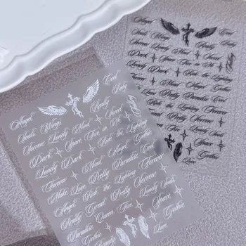 Schwarz-weiße Buchstaben-Wörter-Nagelsticker, Engelsflügel-Buchstaben, gemischte Designs, holografische