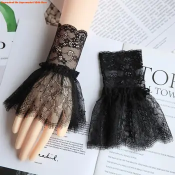 Künstliche Armstulpen für Damen mit kurzen Quasten, weiß und schwarz, plissierte Manschette, wunderschöne