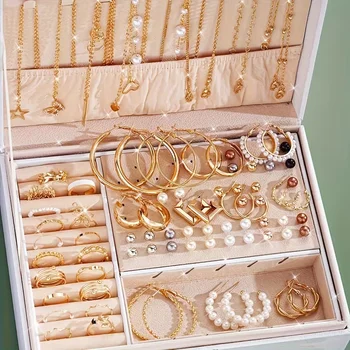 Modeschmuck-Set für Damen, Perlen-Legierung, Ohrringe, Halsketten, Ringe, Armbänder, stapelbar (86 Stück)