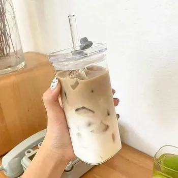 Platz Hitzebeständige Kaffee Glas Tasse Mit Deckel und Stroh Transparent Milch Tee Saft Tassen Kaffee Becher
