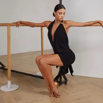 Latein-Tanzkleid für Erwachsene Damen mit Rückenriemen Rückenfreier Tanzrock Kleidung Samba Cha Cha Training