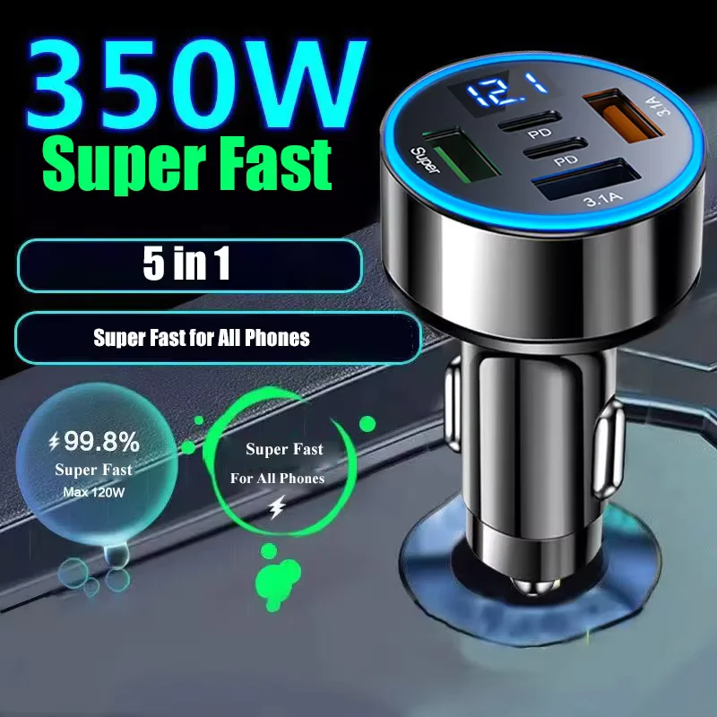 Auto-Ladegerät 5-in-1 mit Spannungsanzeige, 2× USB-C PD