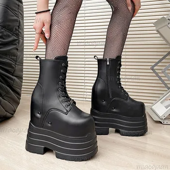 Höhensteigernde hohe Damenstiefel aus schwarzem Leder mit dickem Boden, Plateauschuhe, seitlicher