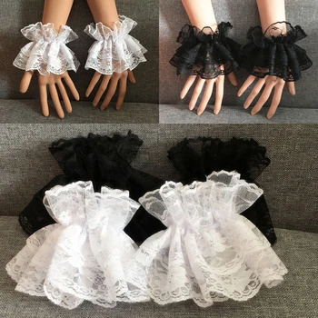1 Paar Lolita-Handärmel, Handgelenkmanschetten, Rüschen, florales Muster, schwarze Spitze, elastisches