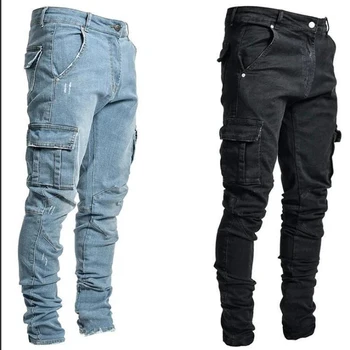 Männer Straße elastische Jeans waschen einfarbige Multi-Taschen Cargo hose lässig Slim Fit täglich tragen