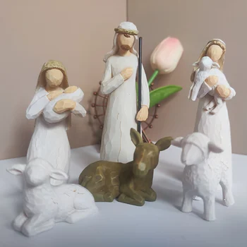 Weihnachtskrippen-Figurenset, Heilige Familie Statue mit Schaf und Esel, Tischdekoration für die (6 Stück)