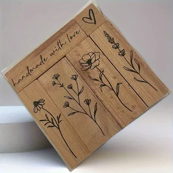 Set Retro Blumen Holzstempel Rechteckiges Siegel Pflanzenmotiv Bastelstempel für DIY Handwerk (6 Stück)