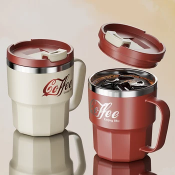 WORTHBUY Kaffeetasse mit Deckel und Griff, 304 Edelstahl, Tee, Milch, Kaffeetasse, doppelwandig, isoliert