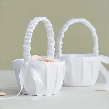 20 cm weißer Blumenkorb für Mädchen, Hochzeitskorb aus Seide für Blumenbraut, Mädchen, Kinder, handgehaltene