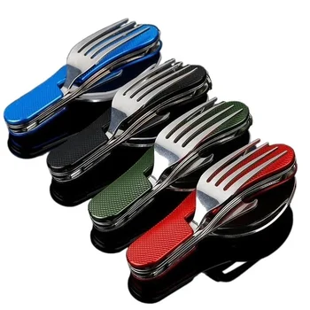 4 in 1 Camping Utensilien Besteck-Camping Edelstahl Falt tasche Kits zum Wandern Überleben Camping Reisen