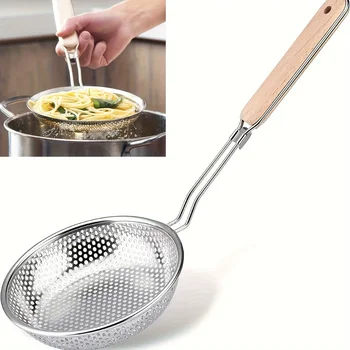 Edelstahl-Sieb mit Holzgriff - feinmaschiger Skimmerlöffel zum Kochen, Lebensmittelzubereitung, Fettfilterung