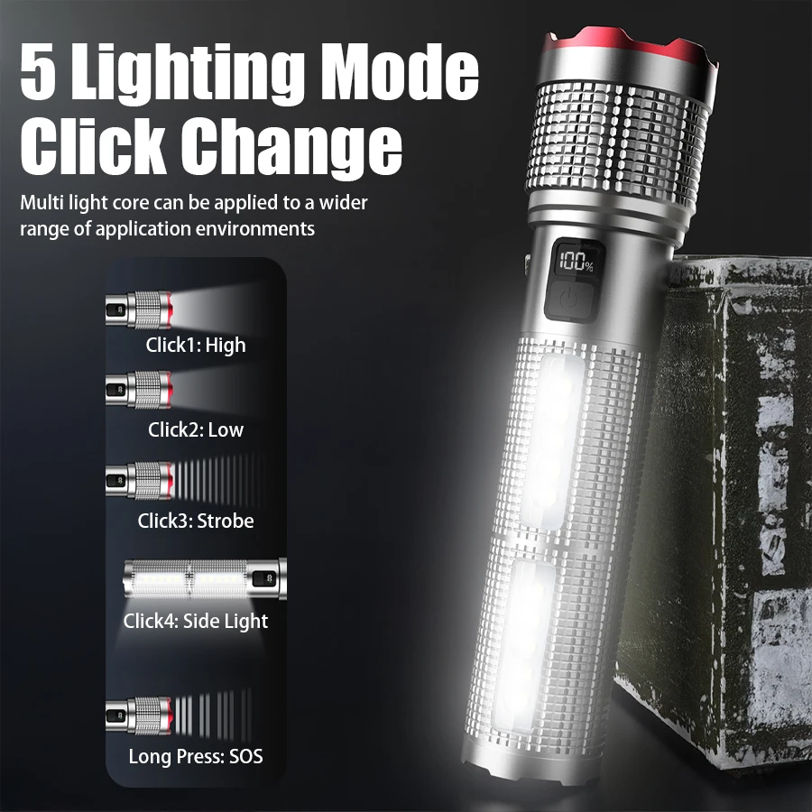 LED-Taschenlampe 5000 mAh, wasserdicht, mit Seitenlicht – Bild 2