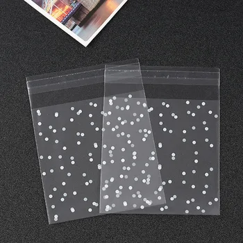 Transparente Zellophan-Süßigkeitstüten aus Kunststoff, selbstklebend, weiß gepunktet (100 Stück)