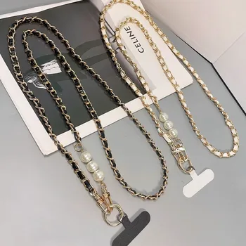 Perlen-Lederkette, Handygurt, lange Umhängetasche, Anti-Verlust-Schulterkordel mit Metallanhänger für Damen