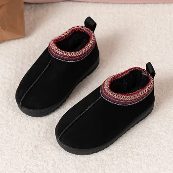 Kinderschuhe, Winterstiefel für Mädchen, warme Schuhe mit dicker Sohle, Retro-Wellenstreifen-Wolllederschuhe