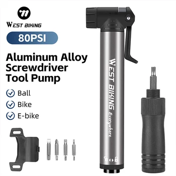 WEST BIKING Multifunktionale Mini-Fahrradpumpe mit Schraubendreher, Tragbare Aluminium-Fahrradpumpe für MTB