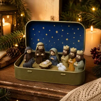 Kompakte Krippenfigur, kleine Statue, Metallbox, Miniatur-Reliquie für den Schreibtisch, tragbare religiöse
