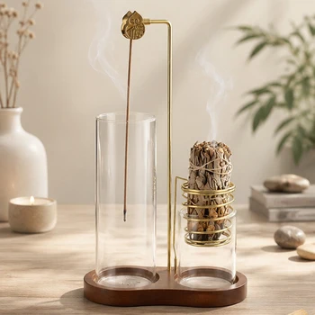 3-in-1 Räucherstäbchenhalter aus Metall, Salbei-Halter, Anti-Asche Palo Santo Halter mit Glas-Aschefänger
