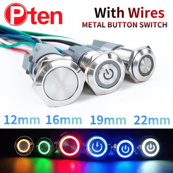 12 16 19 22mm Wasserdichter Metall-Druckknopfschalter mit Kabel, LED-Ring/Leuchtanzeige, Momentan/Verriegelnd