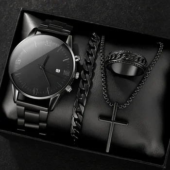 Herren-Armbanduhr, schwarz, minimalistisches Design, Quarzwerk, Nr. 2, Gliederkette und Ring