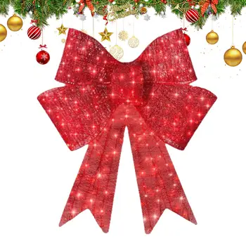 Weihnachtskranz, Schleife, 60 cm, beleuchtete rote Ornamente, Türkranz, Urlaubsgirlande für Winter, Zuhause