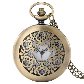 Klassische Taschenuhr mit hohlem Blumengehäuse, Bronze-Quarzuhren für Männer und Frauen, Halskette, Kette