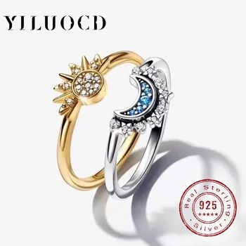 Ring-Set für Sonnen- und Mond-Paare aus 925er Silber, himmelblau, funkelnde Zirkonia-Ringe, Versprechen, edler