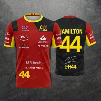 Sonderedition Hamilton Sommer Unisex Motorsport-Fans 44 Rot-Schwarzes Rennteam-Uniform Trikot T-Shirt