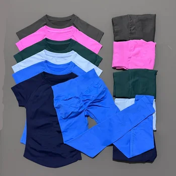 Damen-Set in einfarbiger Farbe, Sommer, lässig, kurzärmelig, T-Shirt, hohe Taille, lange Hose (2 Stück)