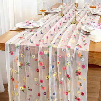 Gestickter Gänseblümchen-Tischläufer, floral bestickter Spitzen-Tüll-Tischläufer, bunter Blumen-Tischbezug
