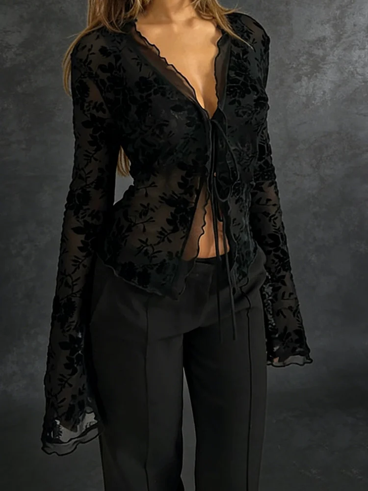 Damen Slim Fit Chiffon Rüschen Trompetenärmel Hemd Herbst – Bild 2