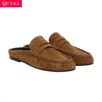 QUTAA Modische Mules Damen Flache Schuhe Neue Slingback Sommer Rindsleder Geknitterte Freizeitschuhe Loafer